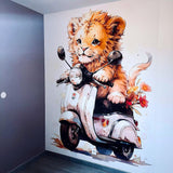 Panorama Kindertapete Löwenbaby mit seinem Motorrad