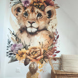Papier peint enfant panoramique Lion Watercolor couronne de fleurs