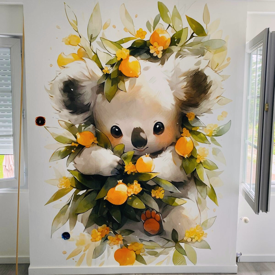 Papier peint enfant panoramique bébé Koala et sa couronne de fleurs