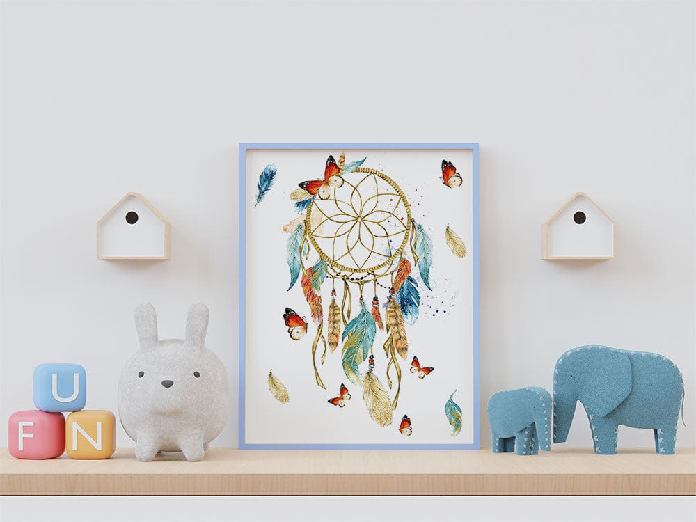 Affiche attrape-rêves aquarelle illustrée, accrochée dans une chambre d'enfant