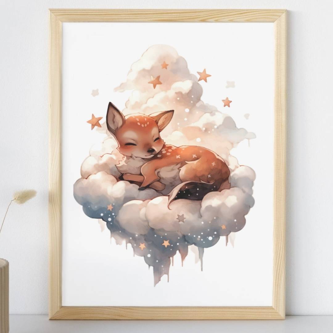 Affiche biche dans les nuages illustrée, accrochée dans une chambre d'enfant