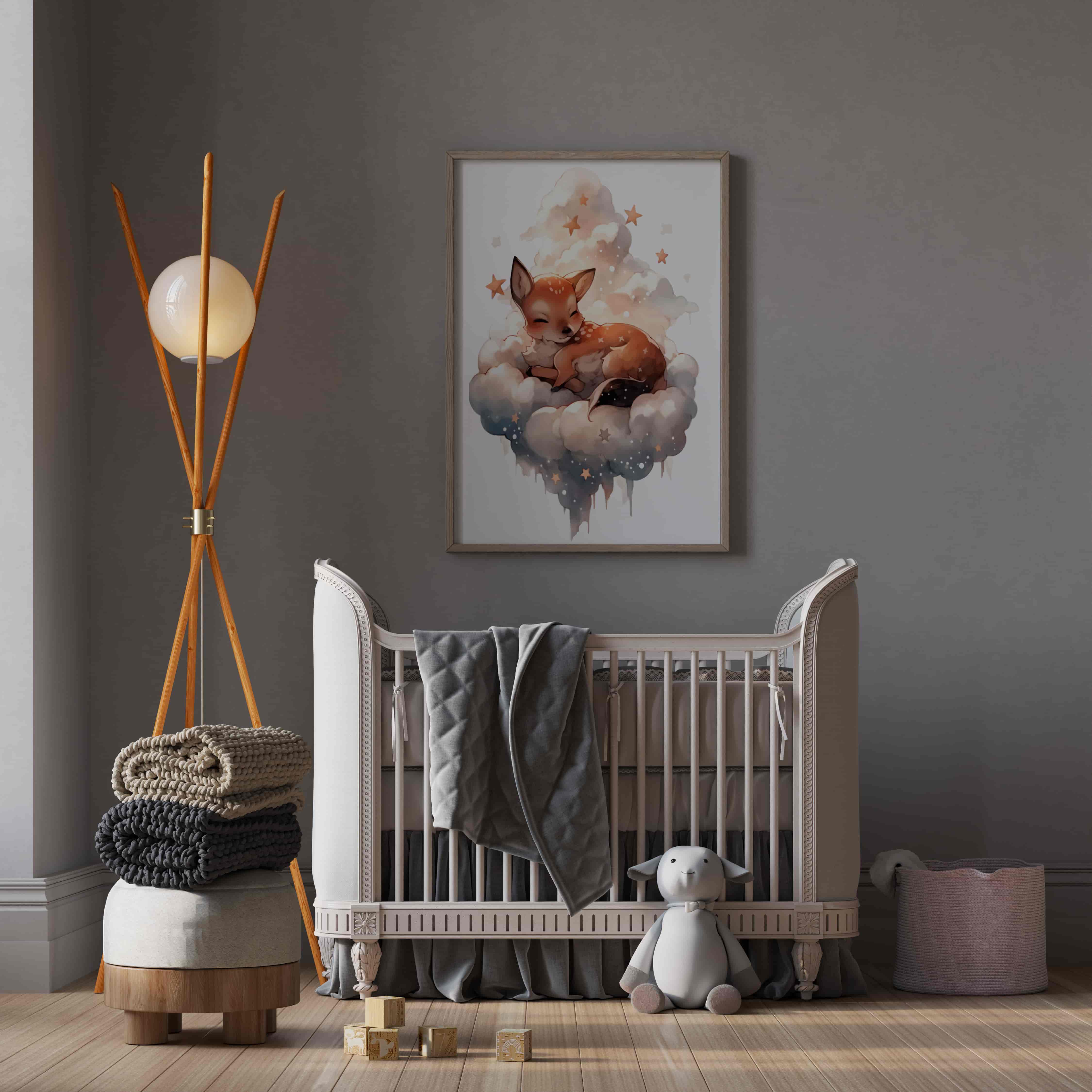 Deuxième vue de l'affiche biche dans les nuages dans une chambre d'enfant