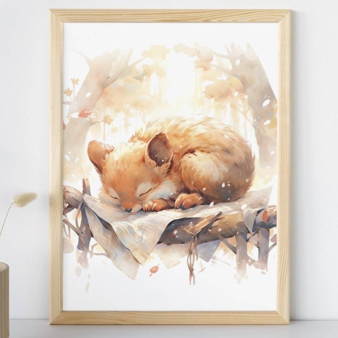 Affiche écureuil dans les nuages illustrée, accrochée dans une chambre d'enfant
