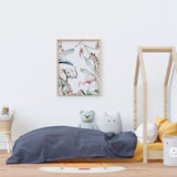 Affiche éléphant jungle girafe illustrée, accrochée dans une chambre d'enfant