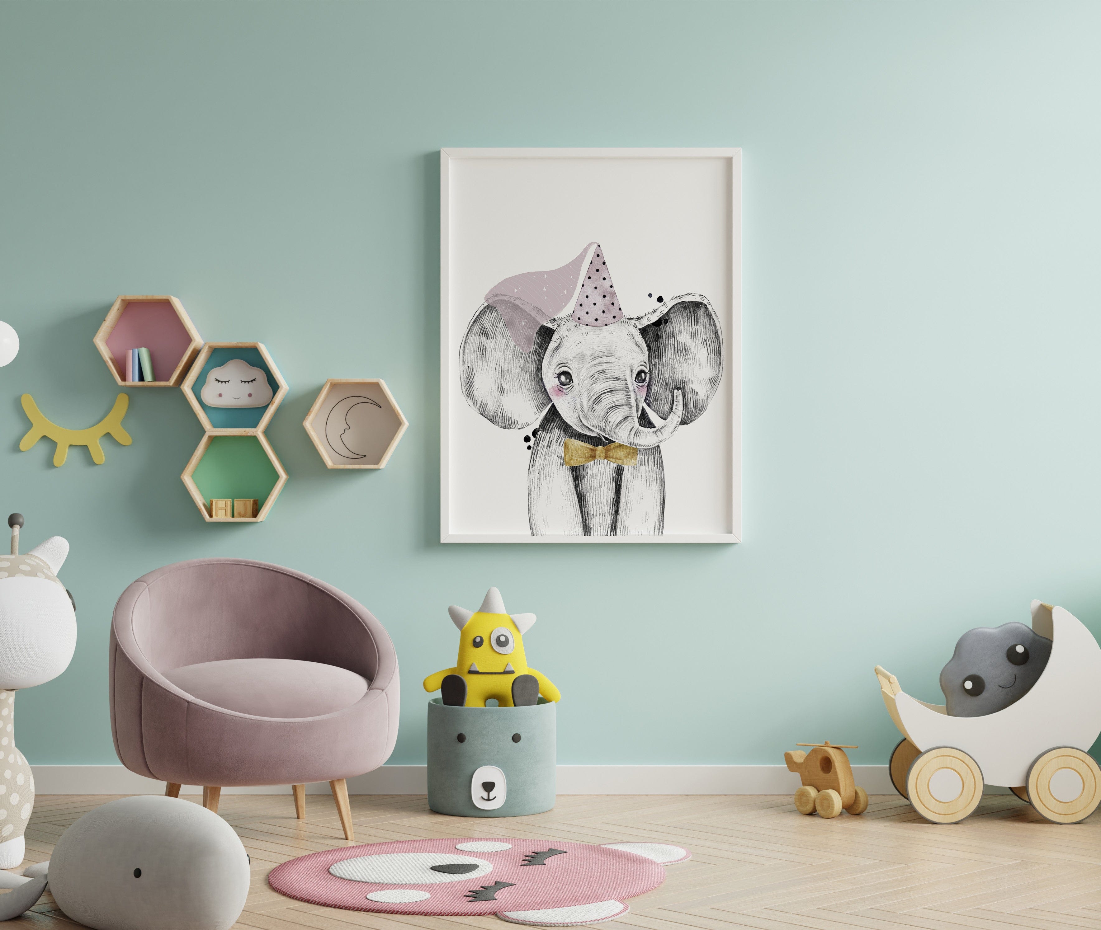 Affiche éléphant princesse illustrée, accrochée dans une chambre d'enfant