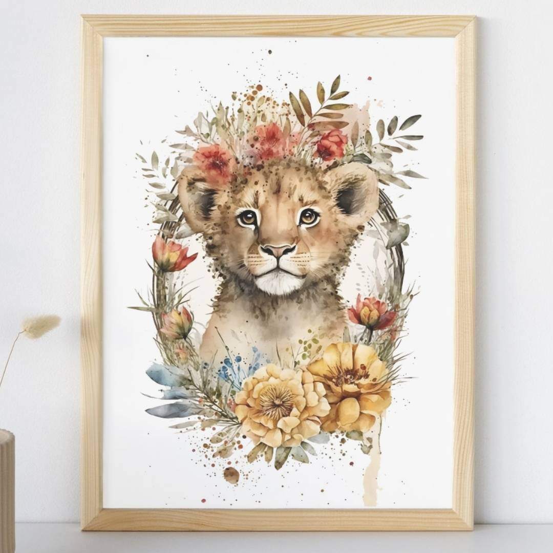 Affiche fleuri lion couronne de fleurs illustrée, accrochée dans une chambre d'enfant