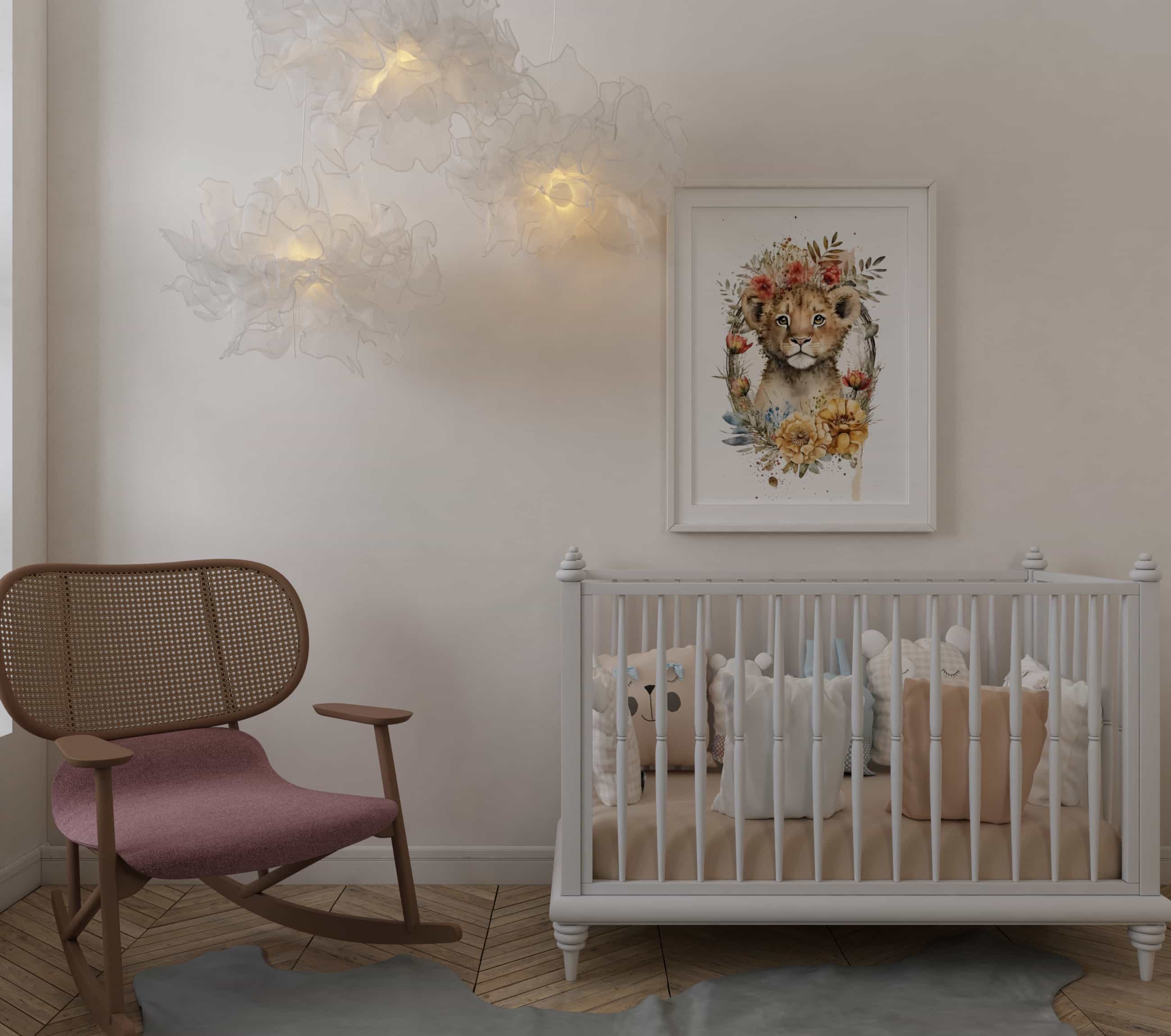 Deuxième vue de l'affiche fleuri lion couronne de fleurs dans une chambre d'enfant