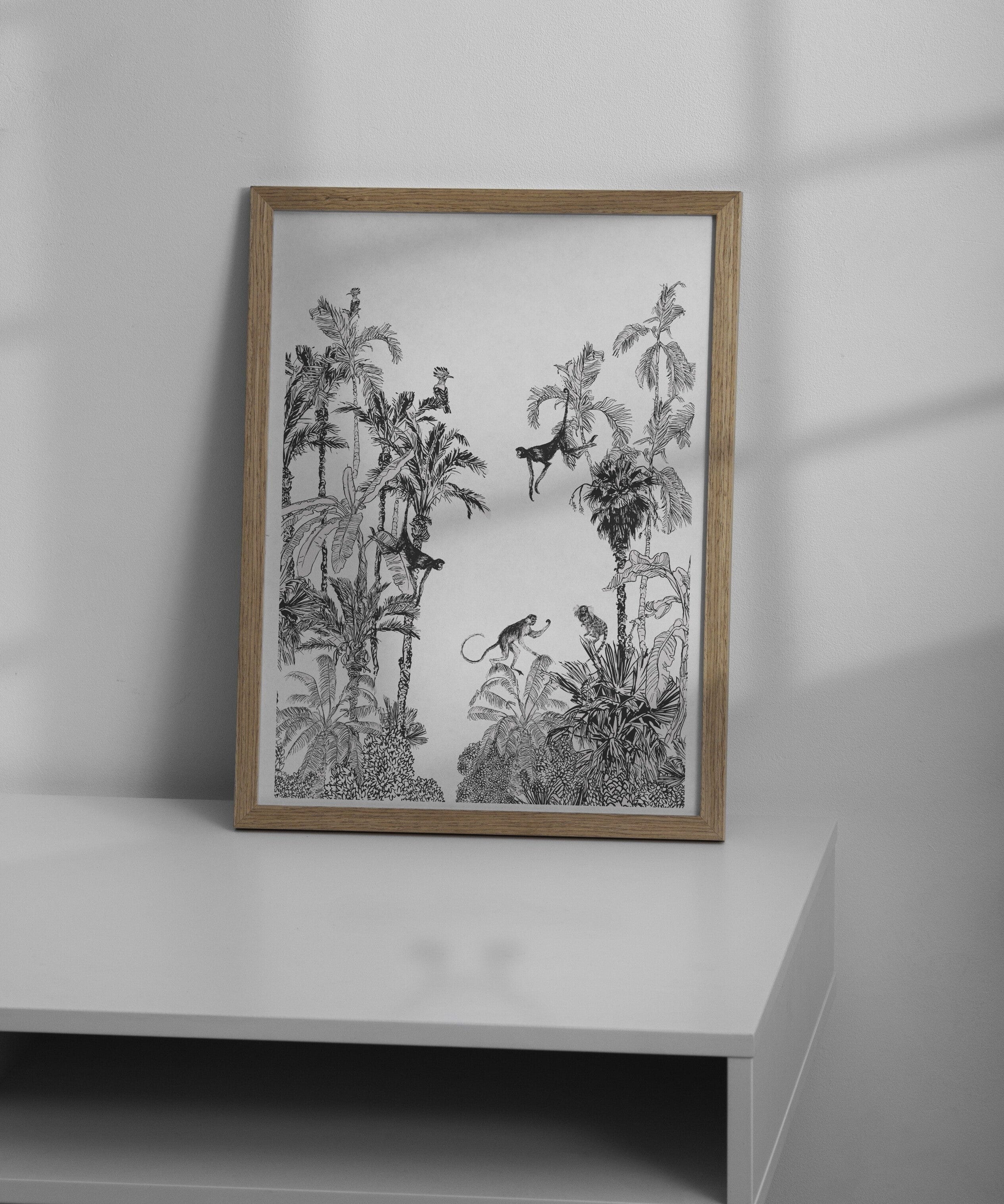 Affiche jungle singe illustrée, accrochée dans une chambre d'enfant