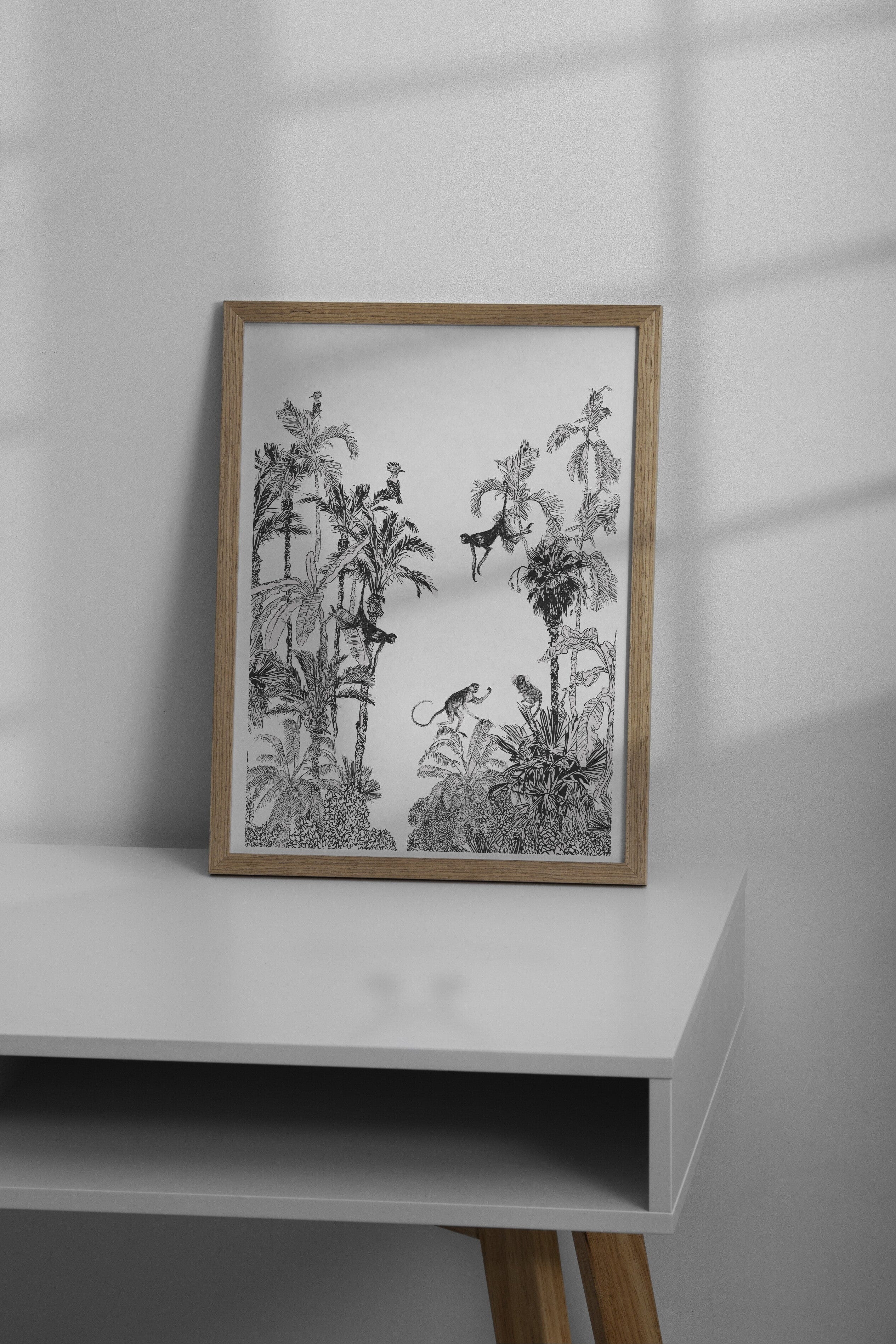 Affiche jungle singe illustrée, accrochée dans une chambre d'enfant