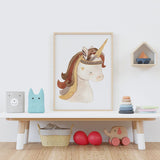 Affiche licorne couleurs pastel illustrée, accrochée dans une chambre d'enfant