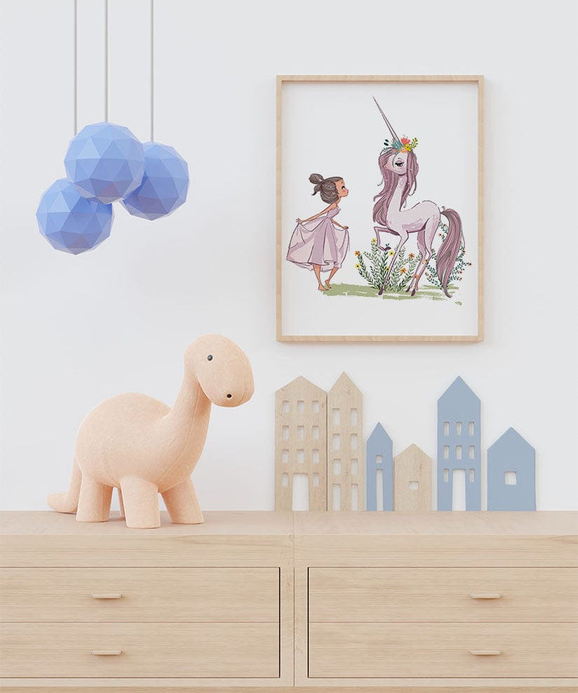 Affiche licorne dialogue princesse illustrée, accrochée dans une chambre d'enfant