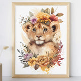 Affiche lion aquarelle couronne de fleurs illustrée, accrochée dans une chambre d'enfant