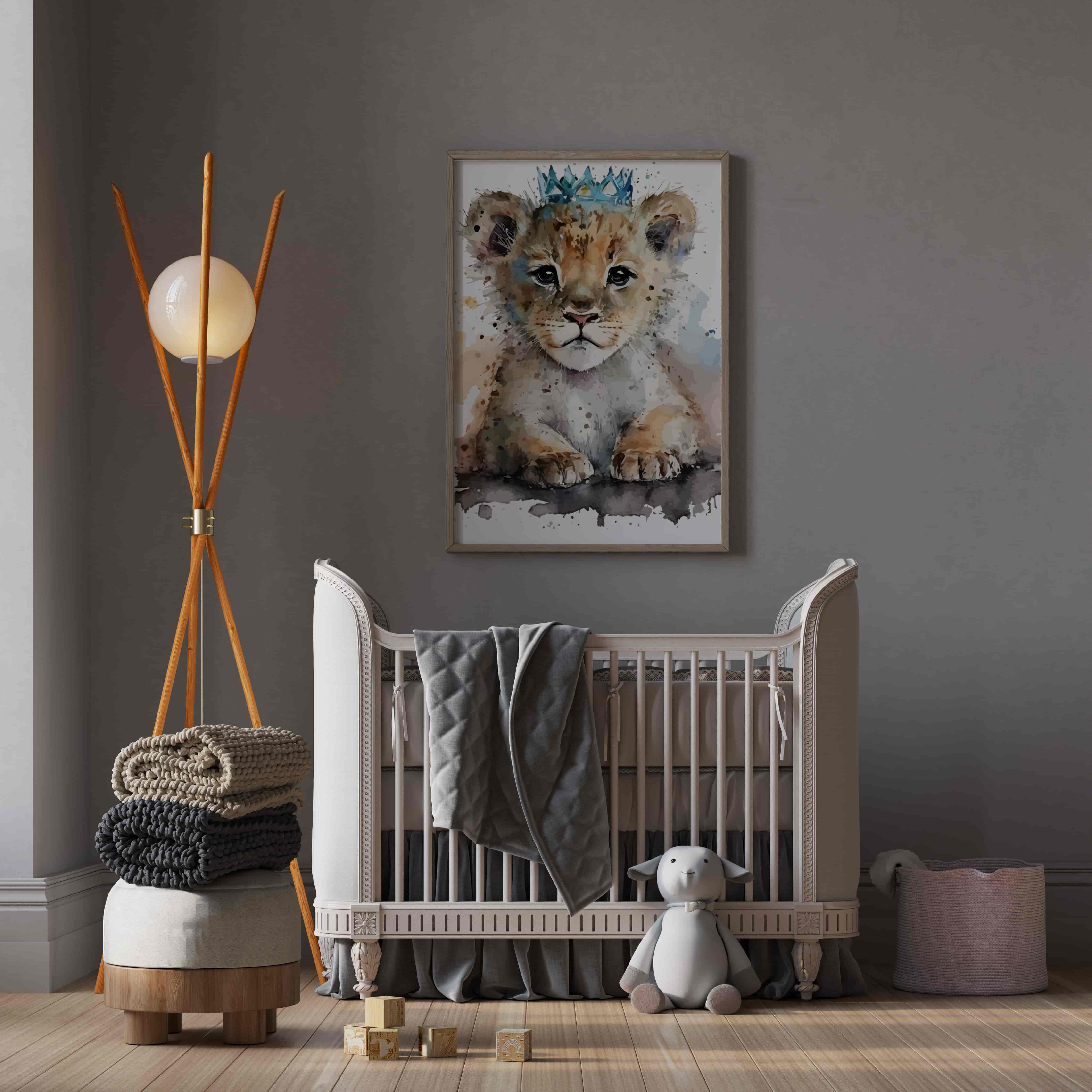 Deuxième vue de l'affiche lion couronne bleu dans une chambre d'enfant