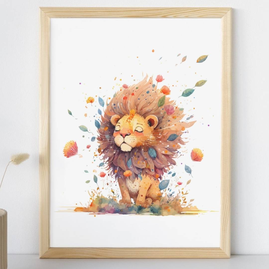 Affiche lion crinière dans le vent illustrée, accrochée dans une chambre d'enfant