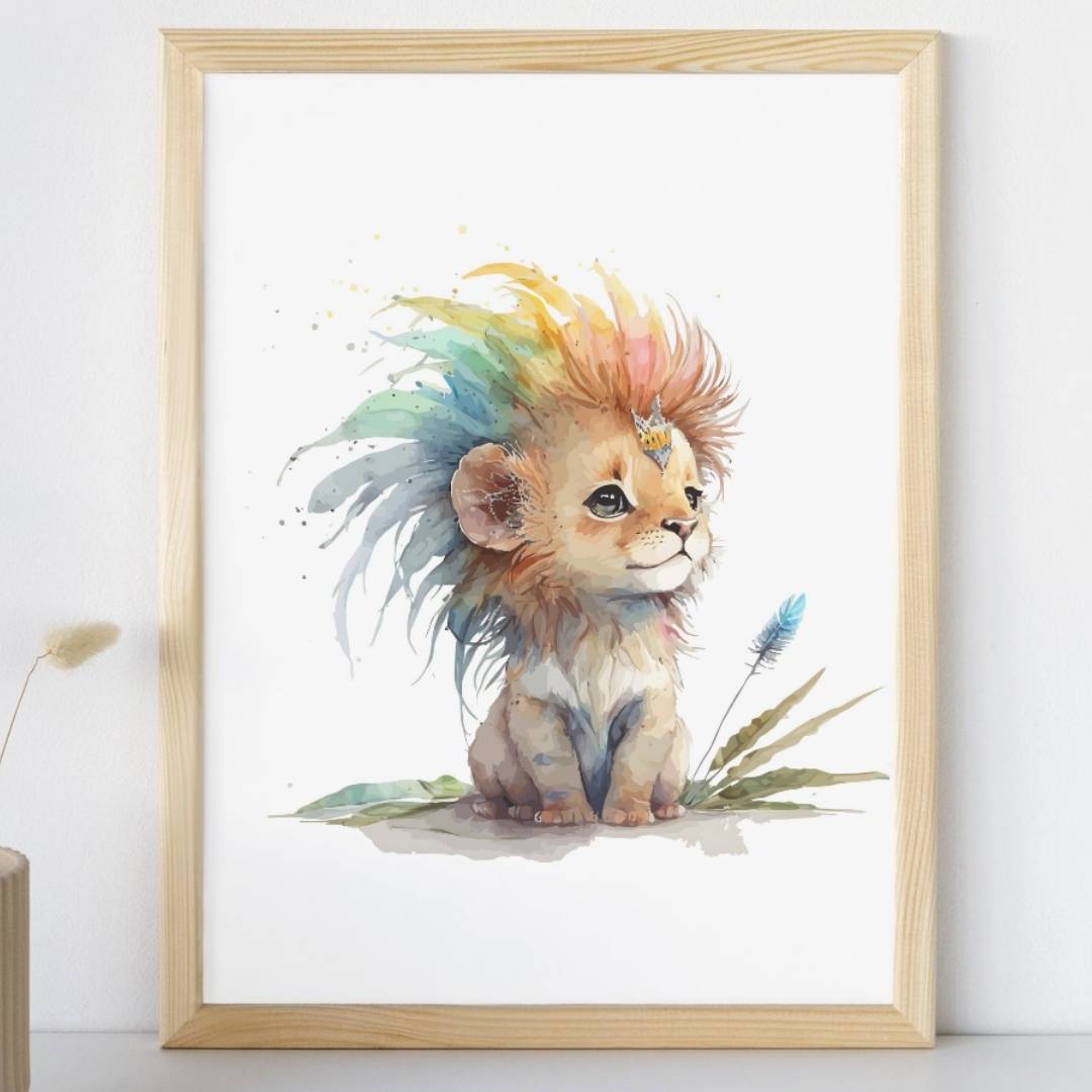 Affiche lion crinière multicolore illustrée, accrochée dans une chambre d'enfant