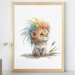 Affiche lion crinière multicolore illustrée, accrochée dans une chambre d'enfant