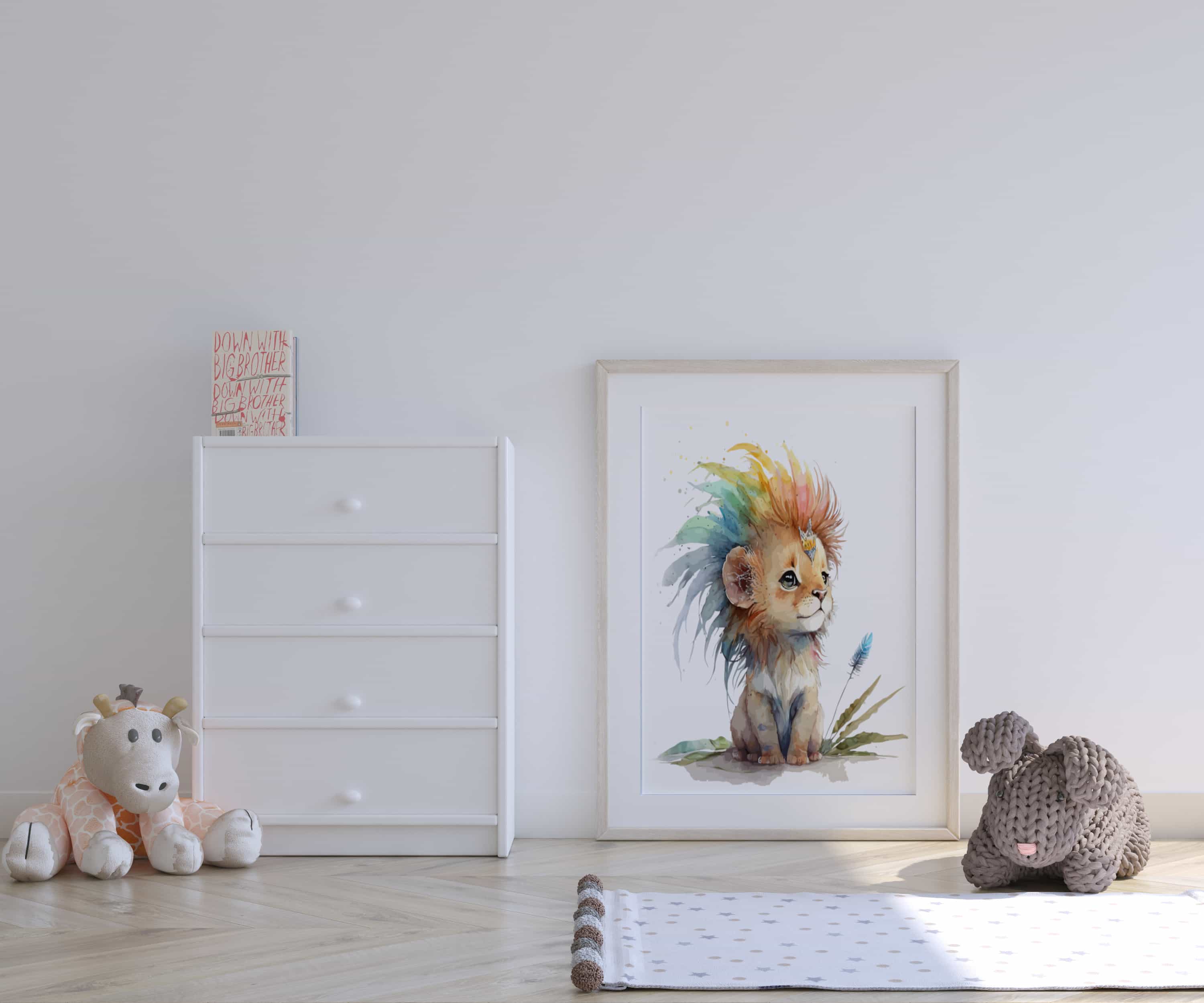 Deuxième vue de l'affiche lion crinière multicolore dans une chambre d'enfant