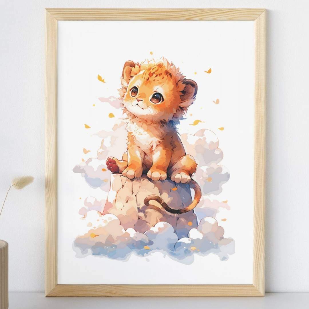 Affiche lion dans les nuages illustrée, accrochée dans une chambre d'enfant
