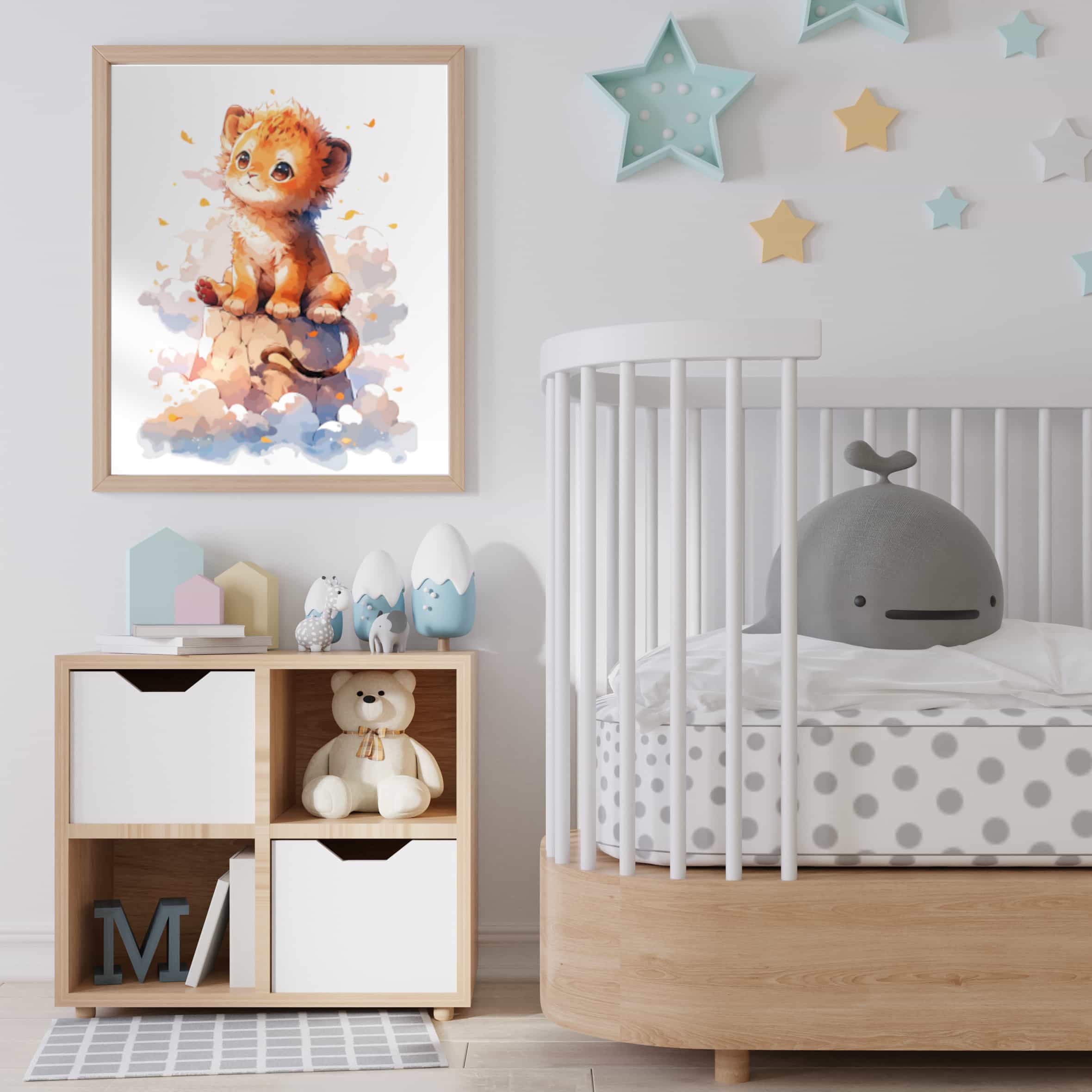 Deuxième vue de l'affiche lion dans les nuages dans une chambre d'enfant