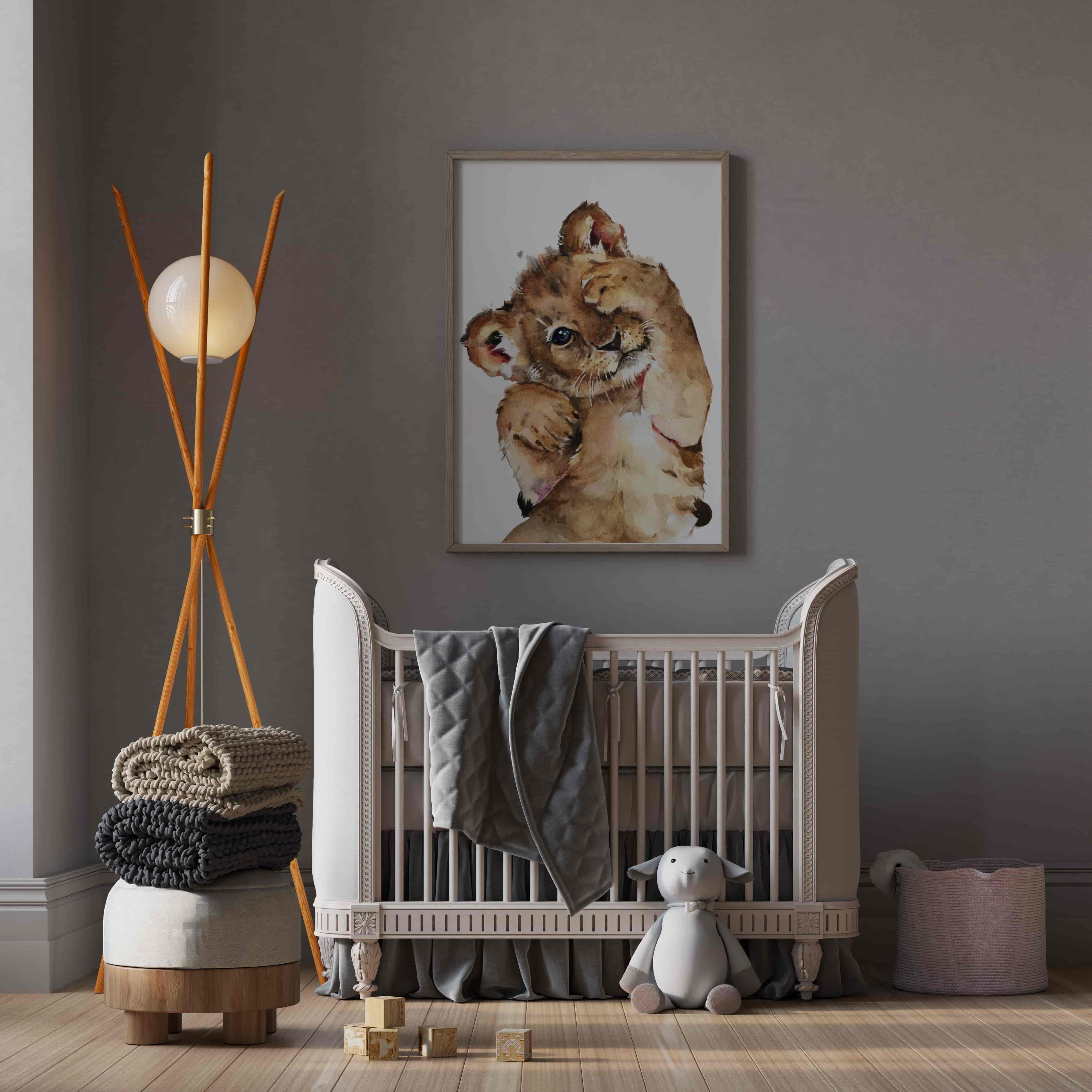 Deuxième vue de l'affiche lion tout mignon dans une chambre d'enfant
