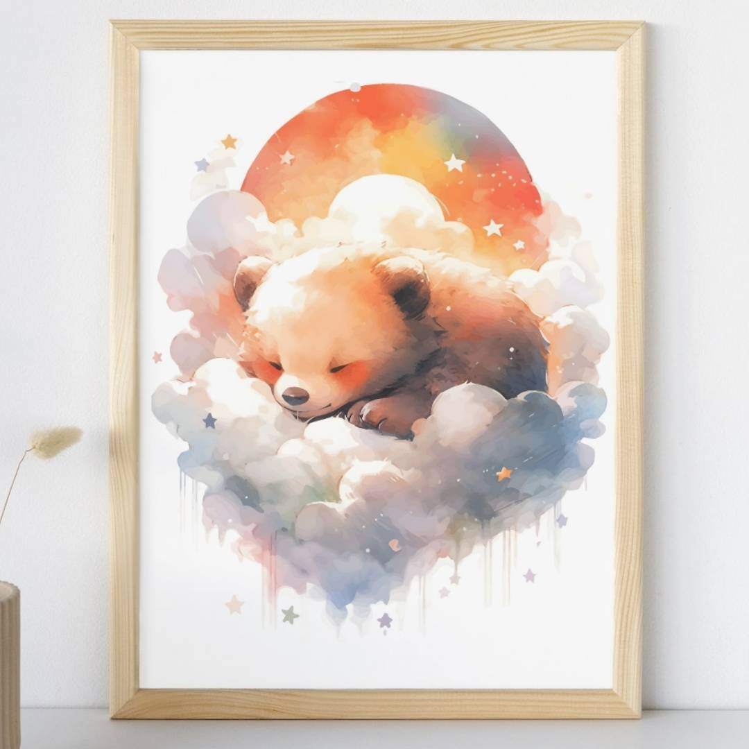 Affiche ourson dans les nuages illustrée, accrochée dans une chambre d'enfant