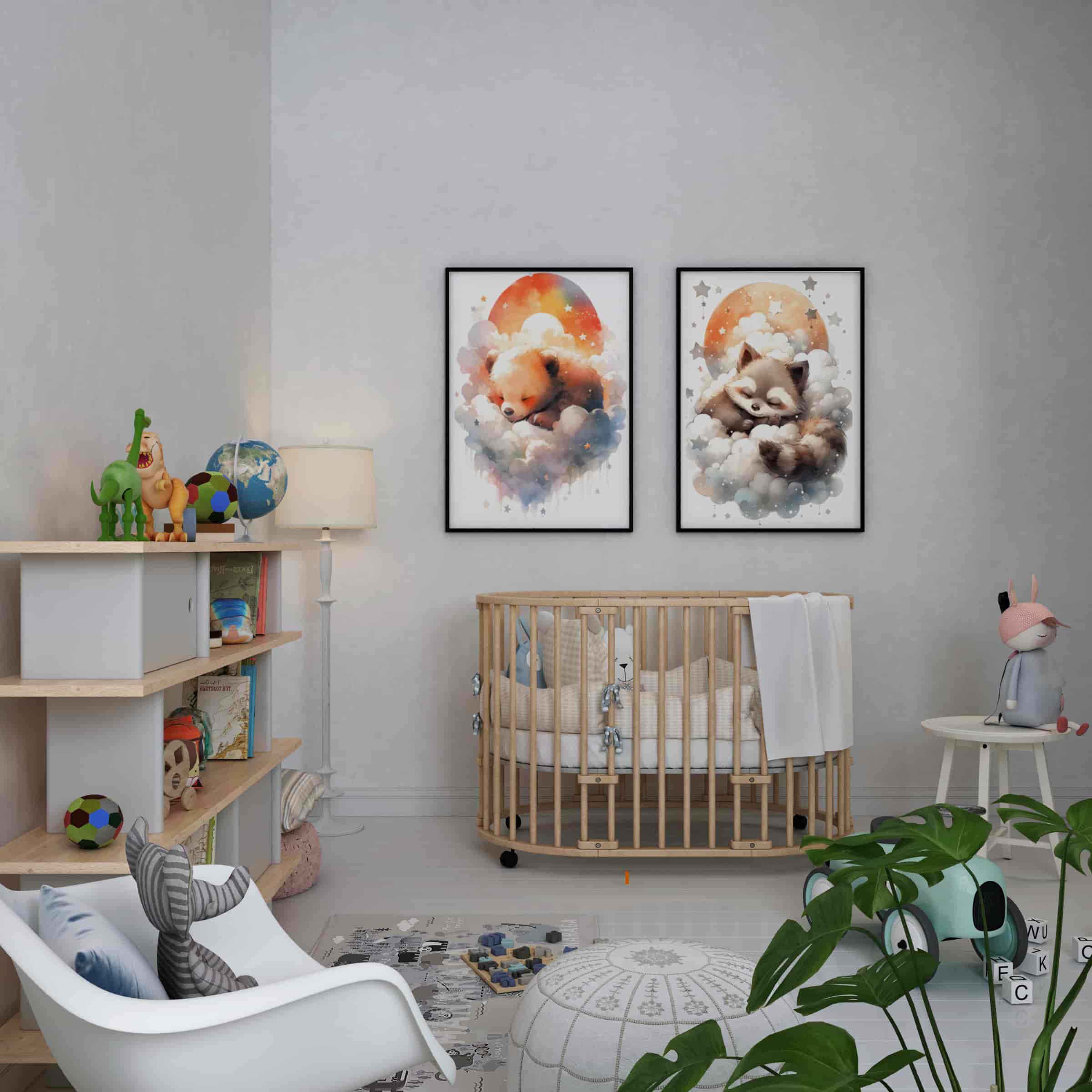 Deuxième vue de l'affiche ourson dans les nuages dans une chambre d'enfant