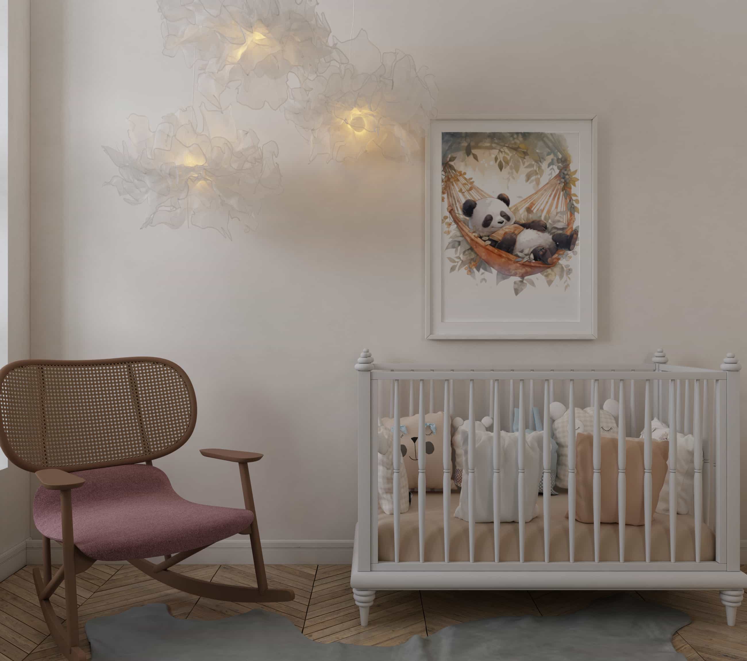 Affiche panda qui dort illustrée, accrochée dans une chambre d'enfant