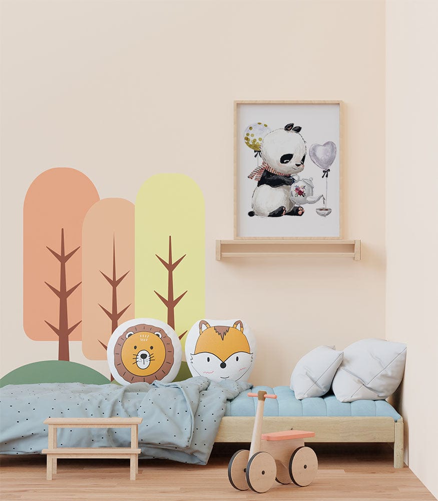 Affiche panda qui prend le thé illustrée, accrochée dans une chambre d'enfant