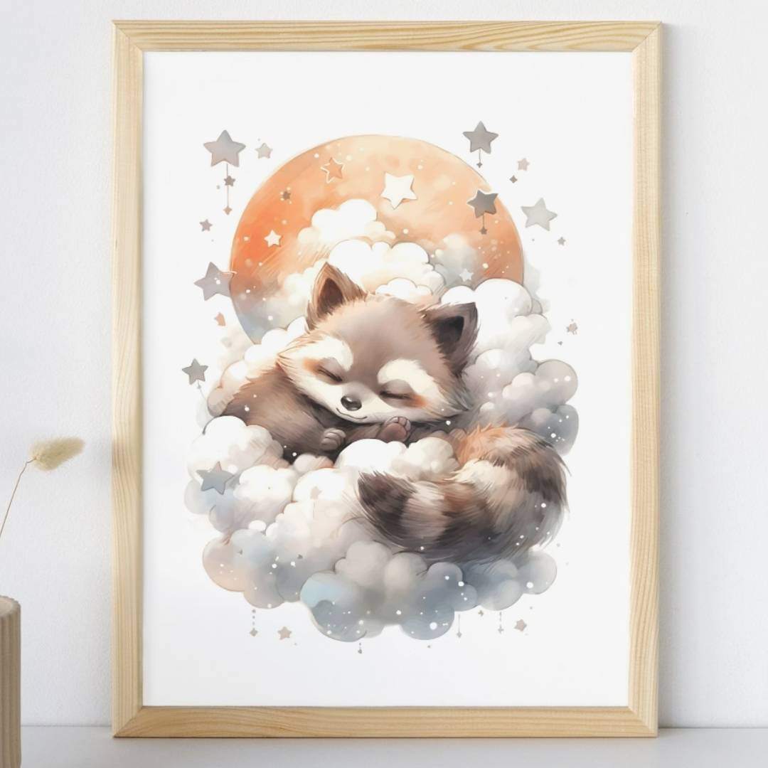 Affiche raton laveur dans les nuages illustrée, accrochée dans une chambre d'enfant