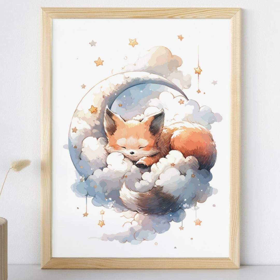 Affiche renard dans les nuages illustrée, accrochée dans une chambre d'enfant