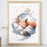 Affiche renard dans les nuages illustrée, accrochée dans une chambre d'enfant