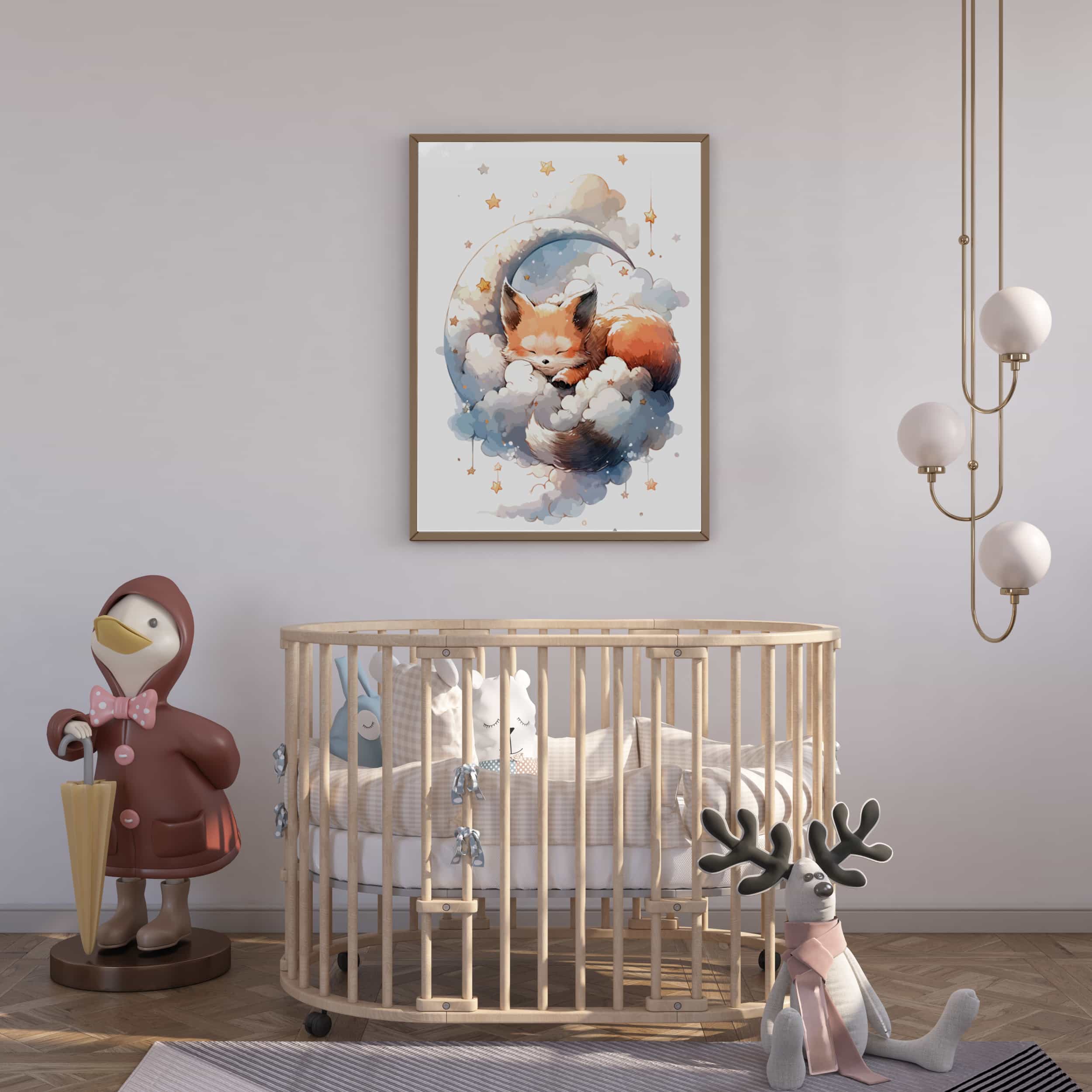 Deuxième vue de l'affiche renard dans les nuages dans une chambre d'enfant