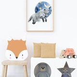 Affiche renard lune aquarelle illustrée, accrochée dans une chambre d'enfant