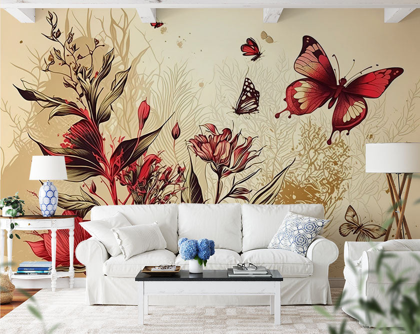 Papier peint panoramique Papillons Floral fleurs et plantes