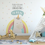 Papier peint panoramique arc-en-ciel licorne illustré, dans une chambre de fille