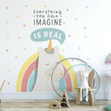 Deuxième vue du papier peint arc-en-ciel licorne dans une chambre de fille