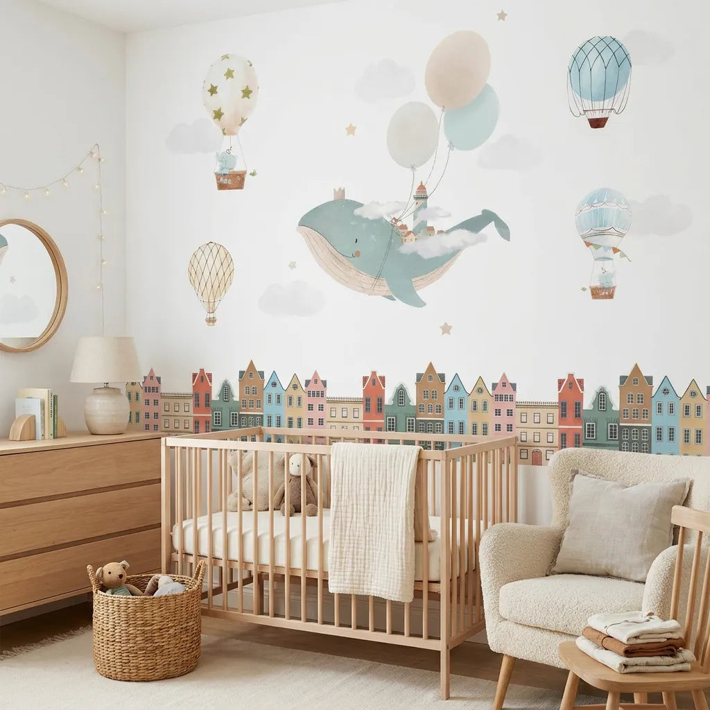 Papier peint panoramique baleine chant illustré, dans une chambre d'enfant