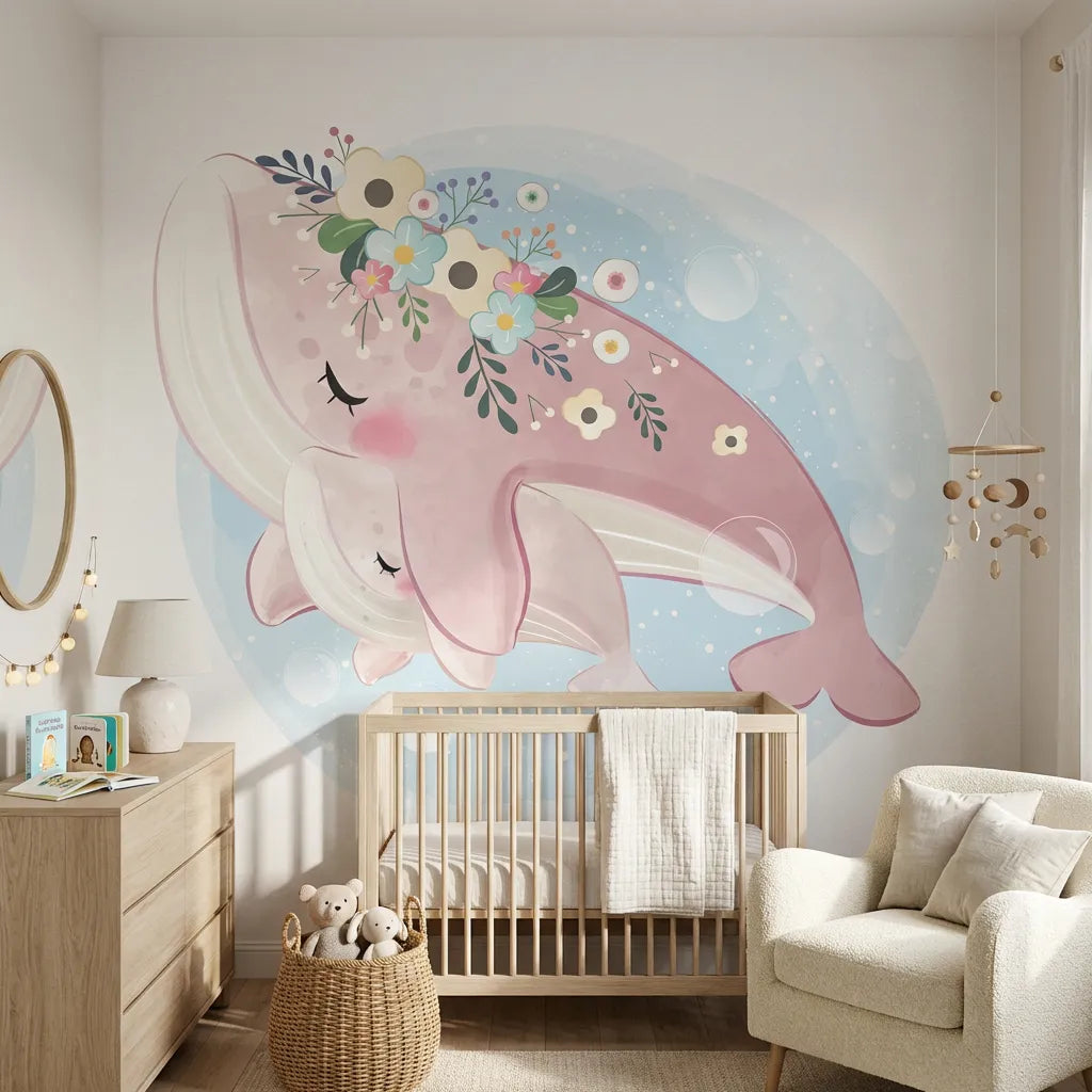 Papier peint panoramique baleine coeur illustré, dans une chambre d'enfant