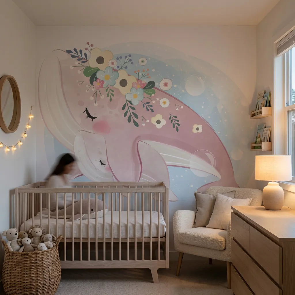 Deuxième vue du papier peint baleine coeur dans une chambre d'enfant