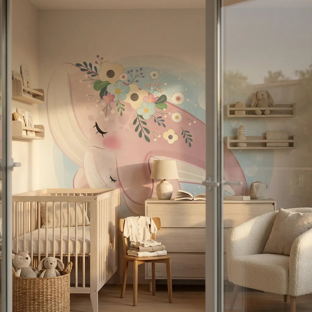 Quatrième vue du papier peint baleine coeur dans une chambre d'enfant