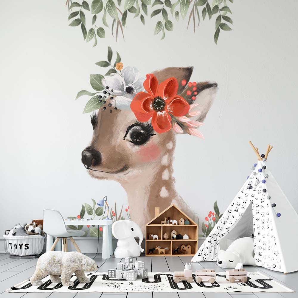 Papier peint panoramique biche amour illustré, dans une chambre d'enfant