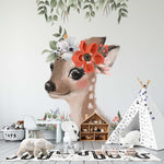 Papier peint panoramique biche amour illustré, dans une chambre d'enfant