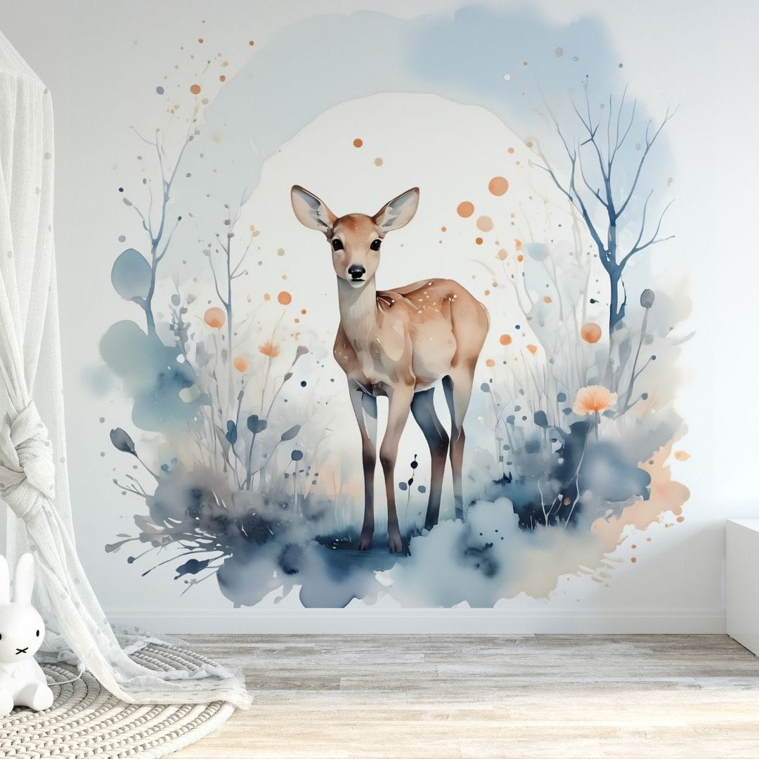 Papier peint panoramique biche rêve illustré, dans une chambre d'enfant