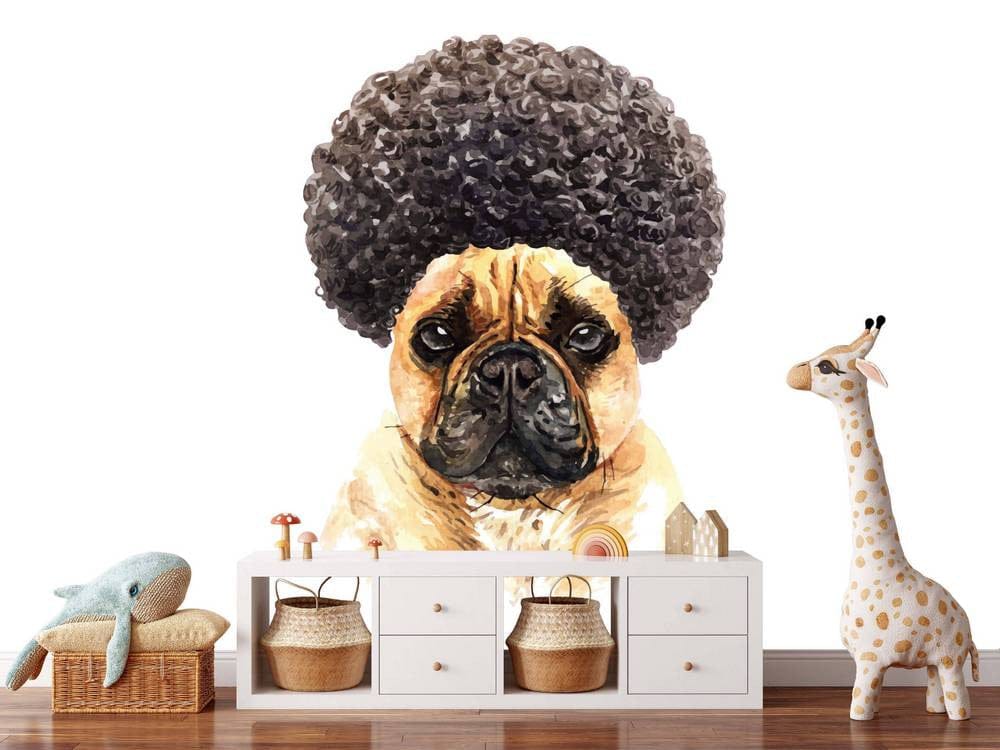 Papier peint panoramique bouledogue funky illustré, dans une chambre d'enfant