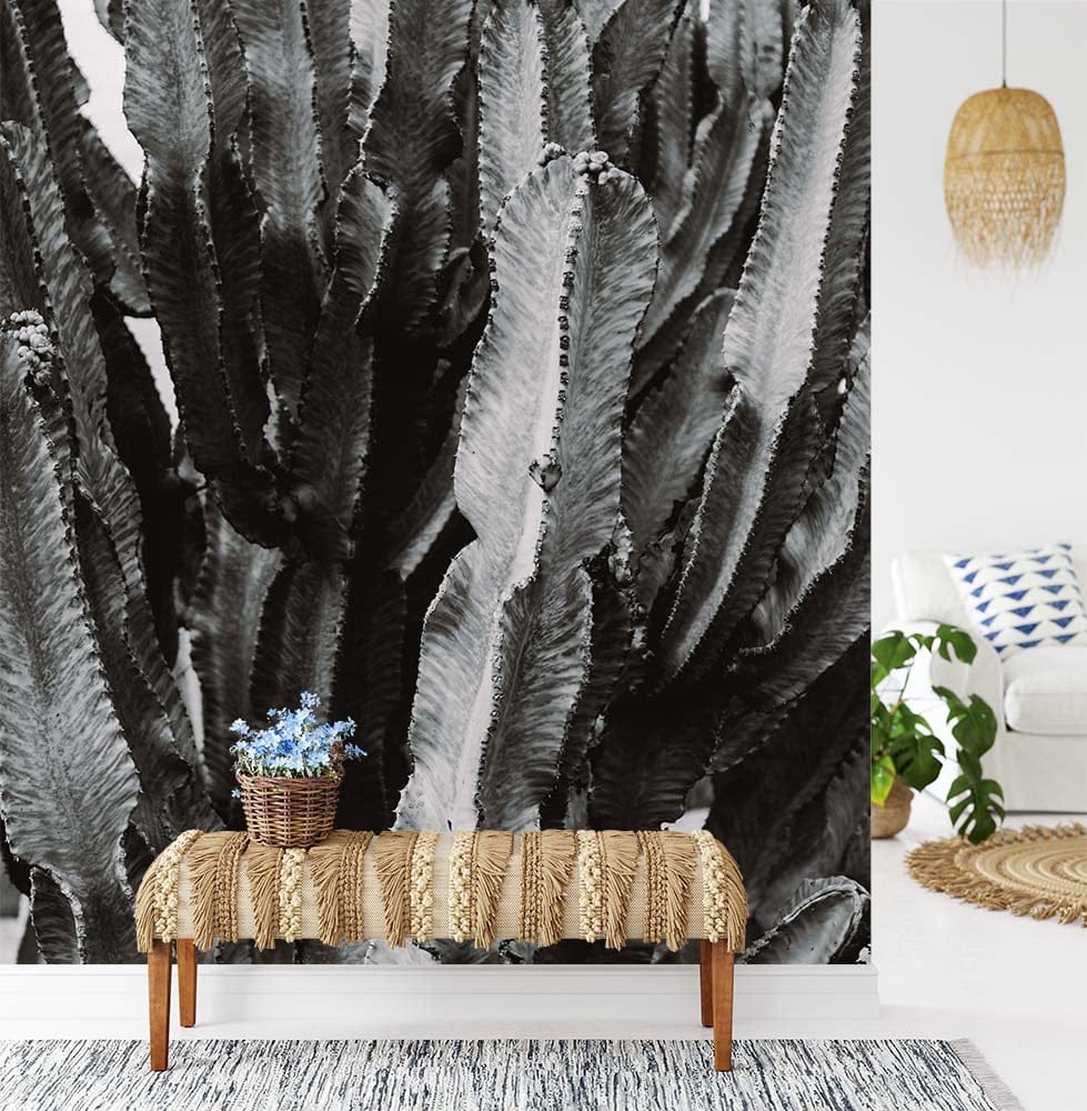 Papier peint panoramique cactus noir et blanc illustré, dans une chambre adulte