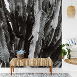 Papier peint panoramique cactus noir et blanc illustré, dans une chambre adulte