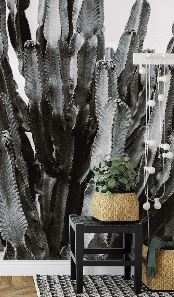 Deuxième vue du papier peint cactus noir et blanc dans une chambre adulte