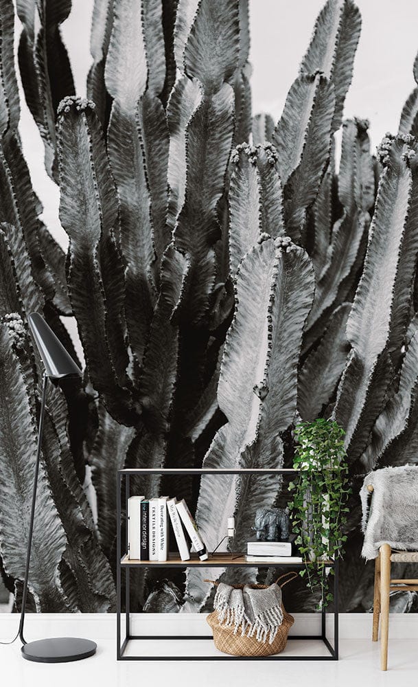 Troisième vue du papier peint cactus noir et blanc dans une chambre adulte