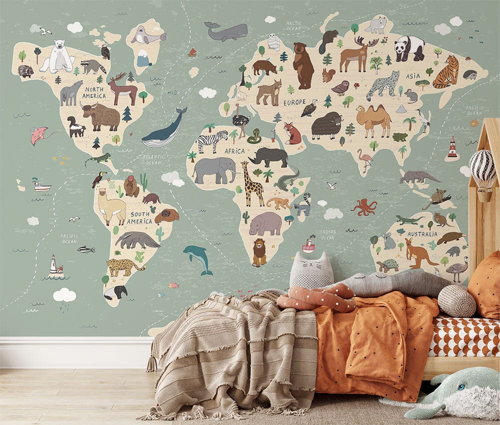 Papier peint panoramique carte du monde illustré, dans une chambre d'enfant
