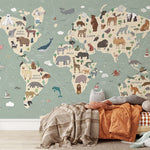 Papier peint panoramique carte du monde illustré, dans une chambre d'enfant